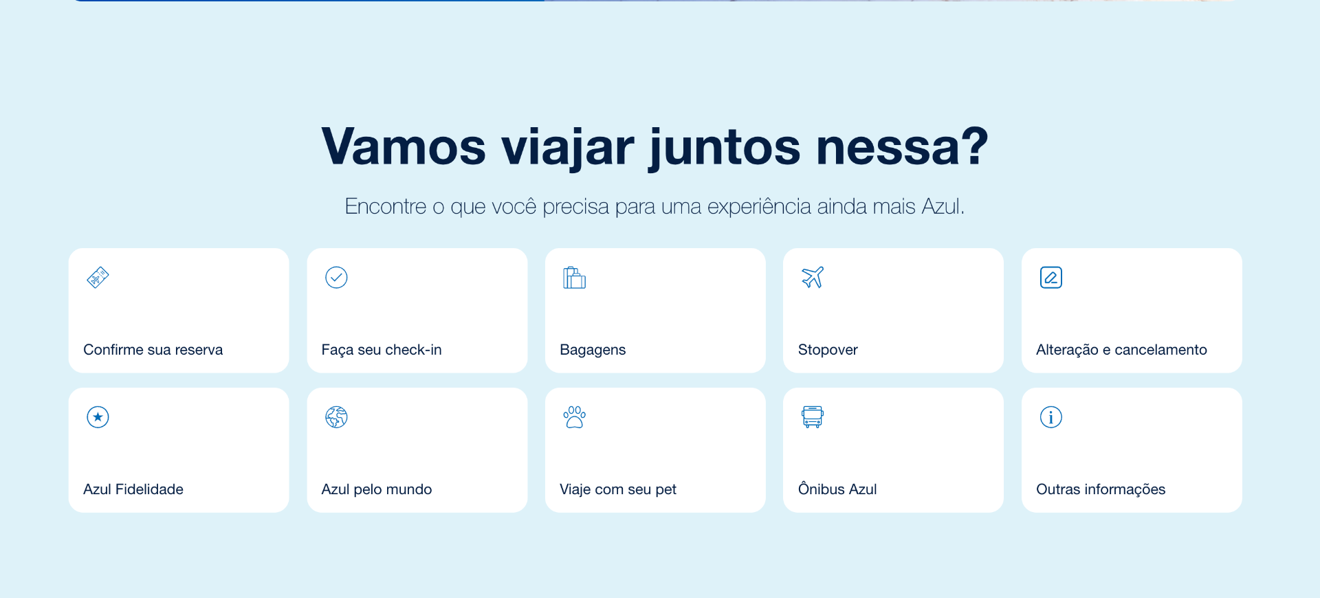 Atalhos de suporte e ações rápidas — Azul Viagens