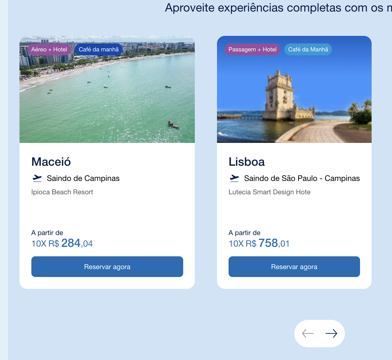 Cards de ofertas — pacotes Maceió e Lisboa